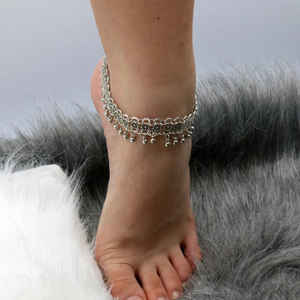 Boho Bells Tassel Anklet – Vintage Carved Flower Foot Chain for Summer &amp; Beachwear - Oria Jewel