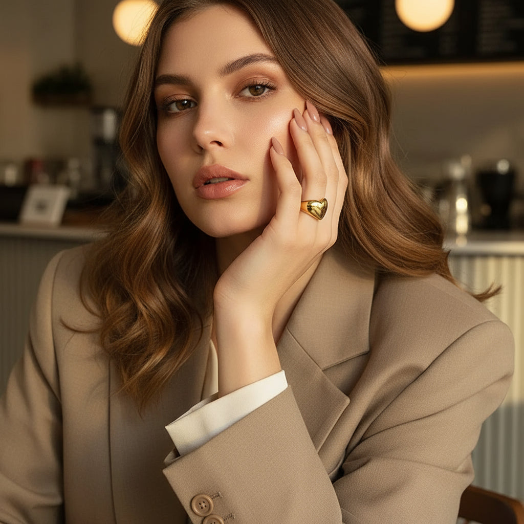 Woman wearing a Modern Love Heart Ring, showcasing elegance in a stylish blazer | Oria Jewel