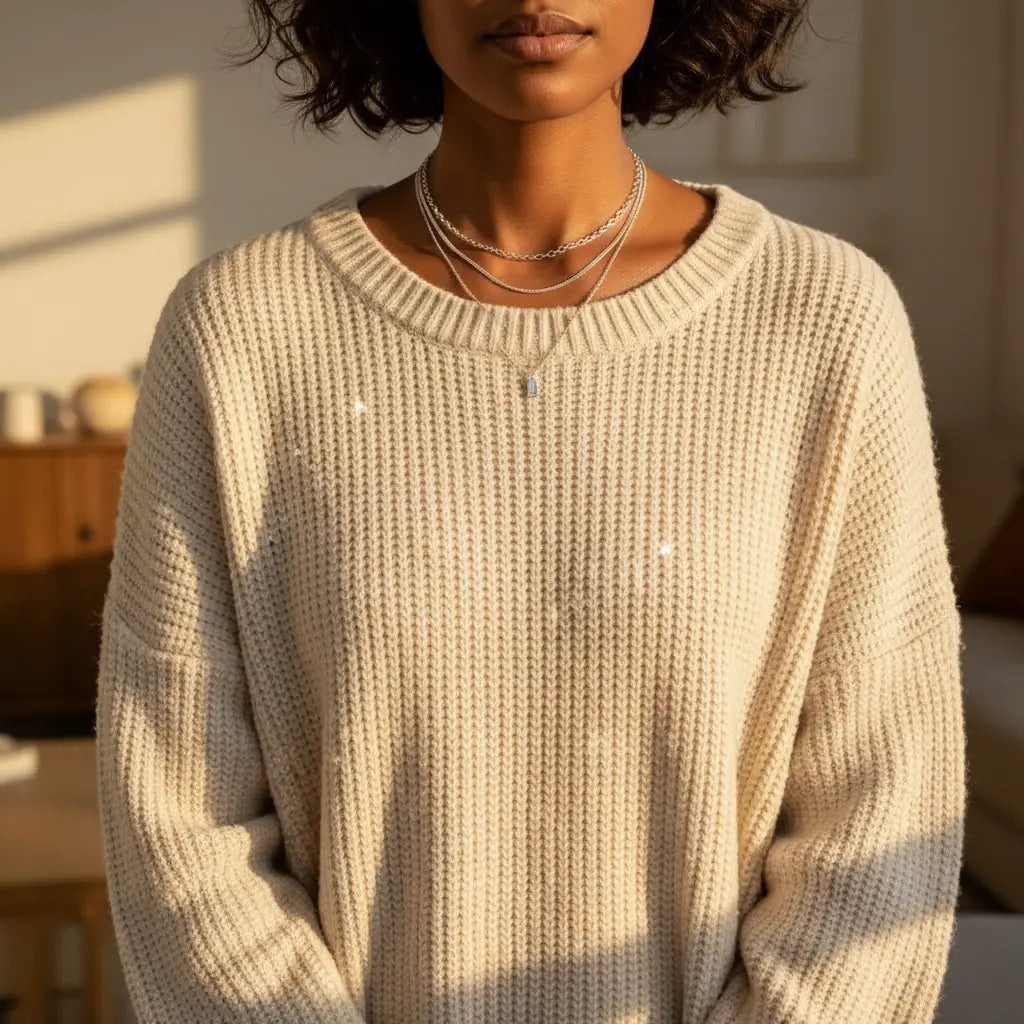 Woman in cozy beige sweater wearing minimalist Silver A Initial Layered Necklace in warm indoor light | Oria Jewel