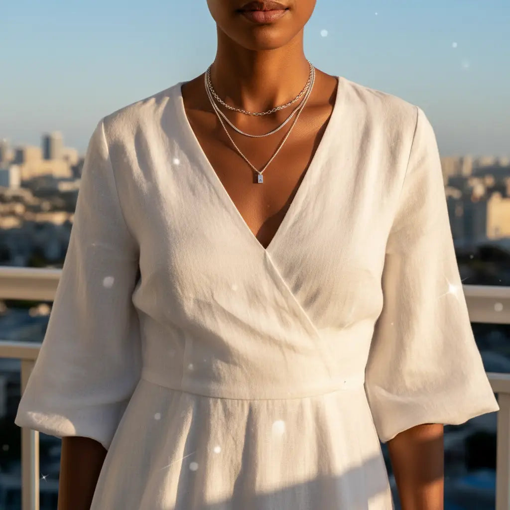 Silver A Initial Layered Necklace styled with white wrap dress on balcony overlooking city at golden hour | Oria Jewel