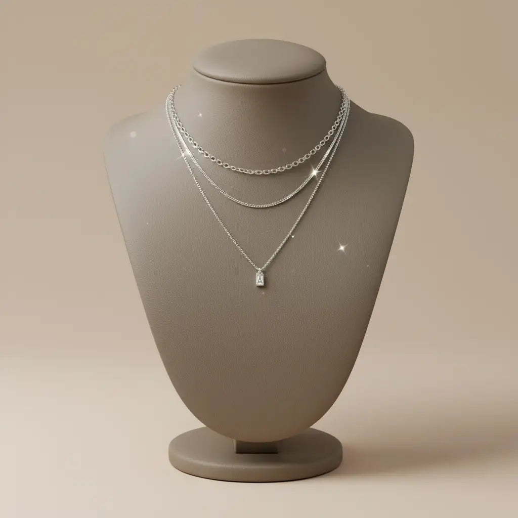 Display bust showcasing three-tier Silver A Initial Layered Necklace against neutral beige background with subtle sparkles | Oria Jewel