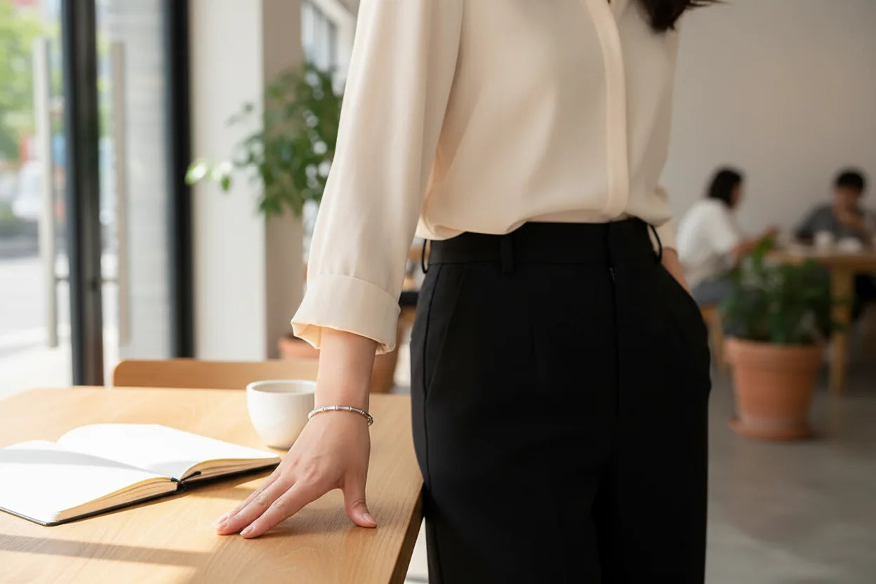 Woman standing beside a wooden café table with an open notebook and coffee cup, showcasing a minimalist Silver Bamboo bangle Bracelet styled with tailored black trousers and a cream blouse | Oria Jewel