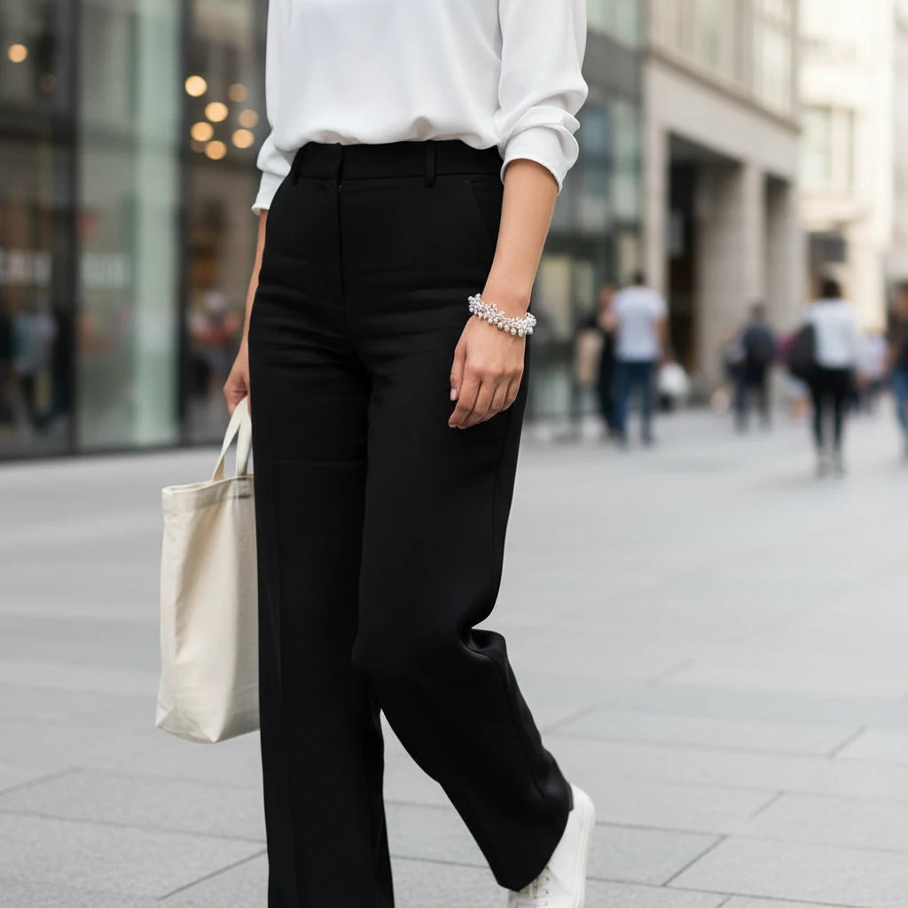 Silver Beaded Cluster Bracelet worn on a woman’s wrist as she walks in the city in black trousers, white blouse, and white sneakers, creating a modern, polished street-style outfit | Oria Jewel