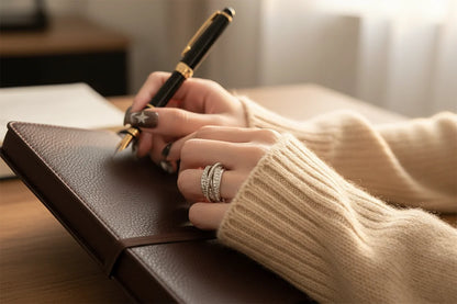 Silver CZ Wrap Ring styled on a hand writing in a leather notebook, close-up focus on the stacked wrap bands with pavé CZ accents | OriaJewel