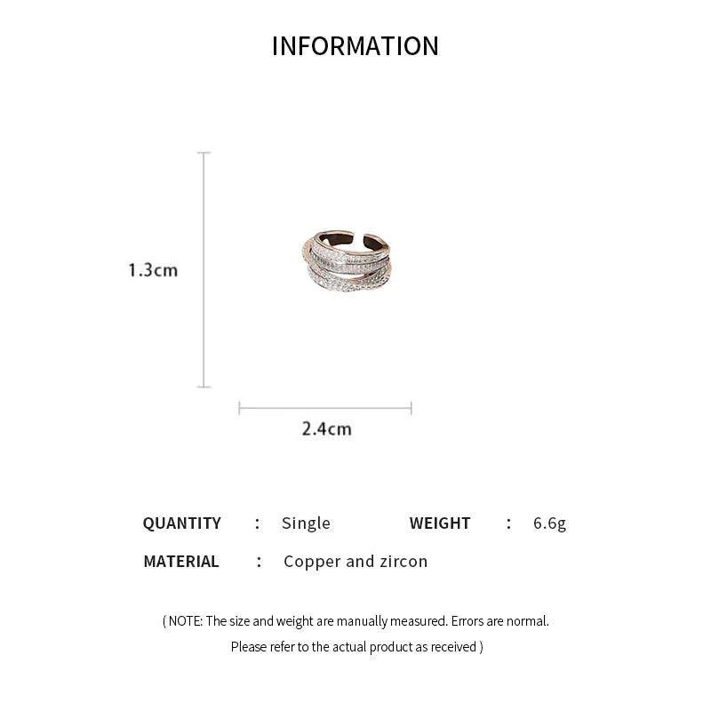 Silver CZ Wrap Ring size and material info graphic showing approx. 2.4 cm width, 1.3 cm height, 6.6 g weight, and copper with zircon stones | OriaJewel
