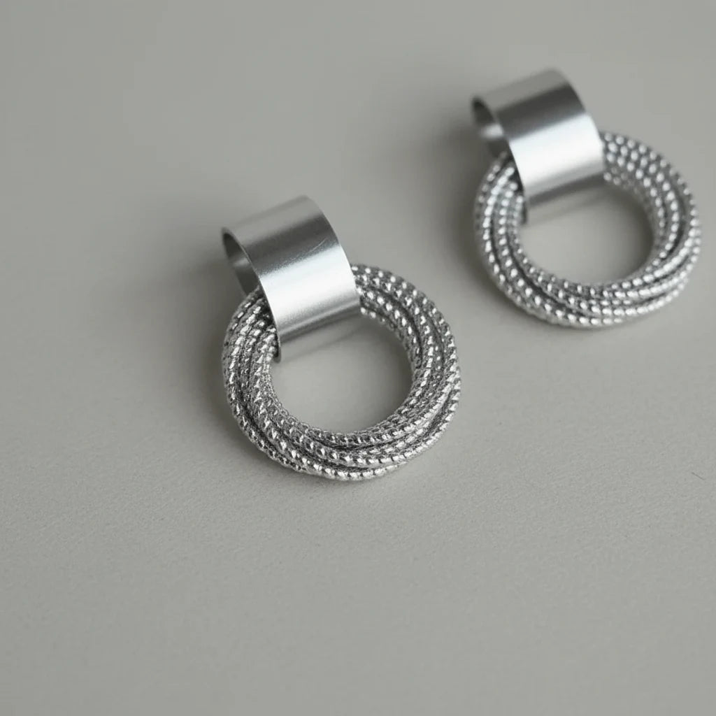 Silver Circle Drop Stud Earrings close-up on gray background | OriaJewel