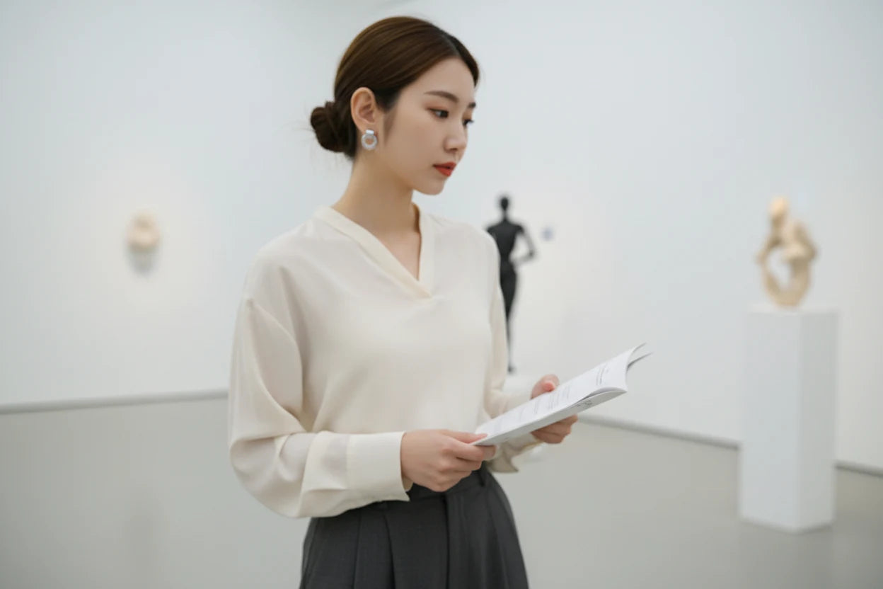Silver Circle Drop Stud Earrings worn on model in gallery setting | OriaJewel