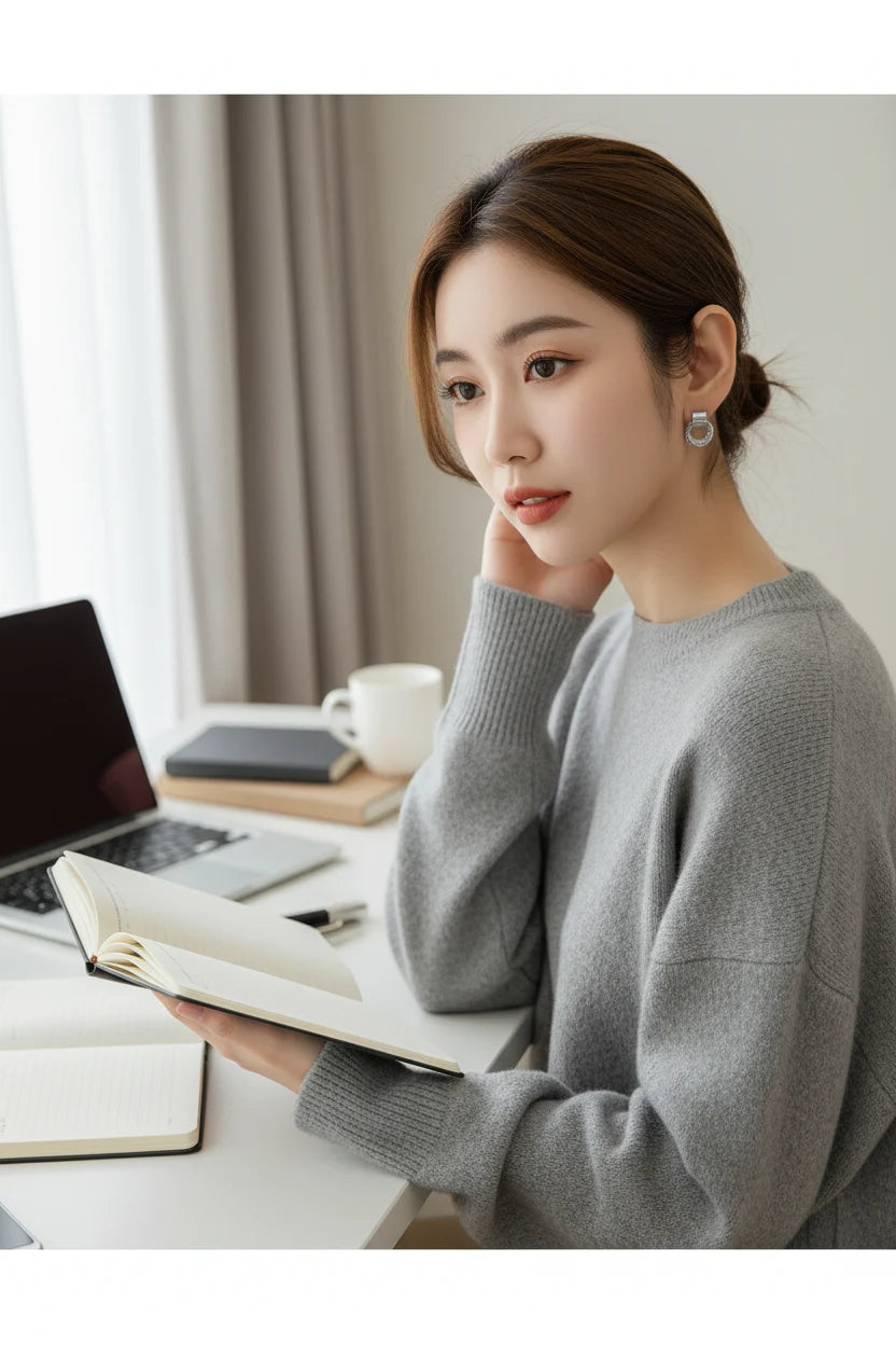 Silver Circle Drop Stud Earrings worn on model at desk | OriaJewel