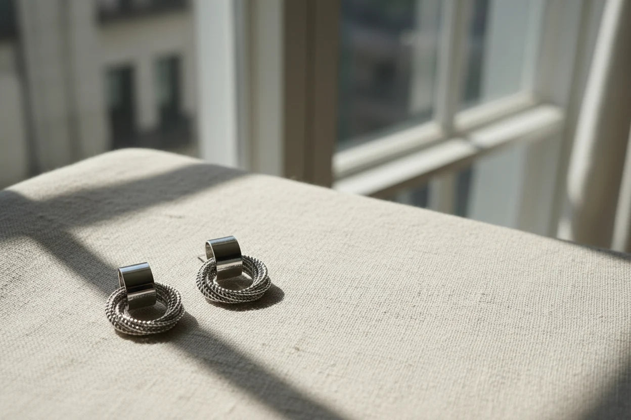 Silver Circle Drop Stud Earrings on linen in window light | OriaJewel