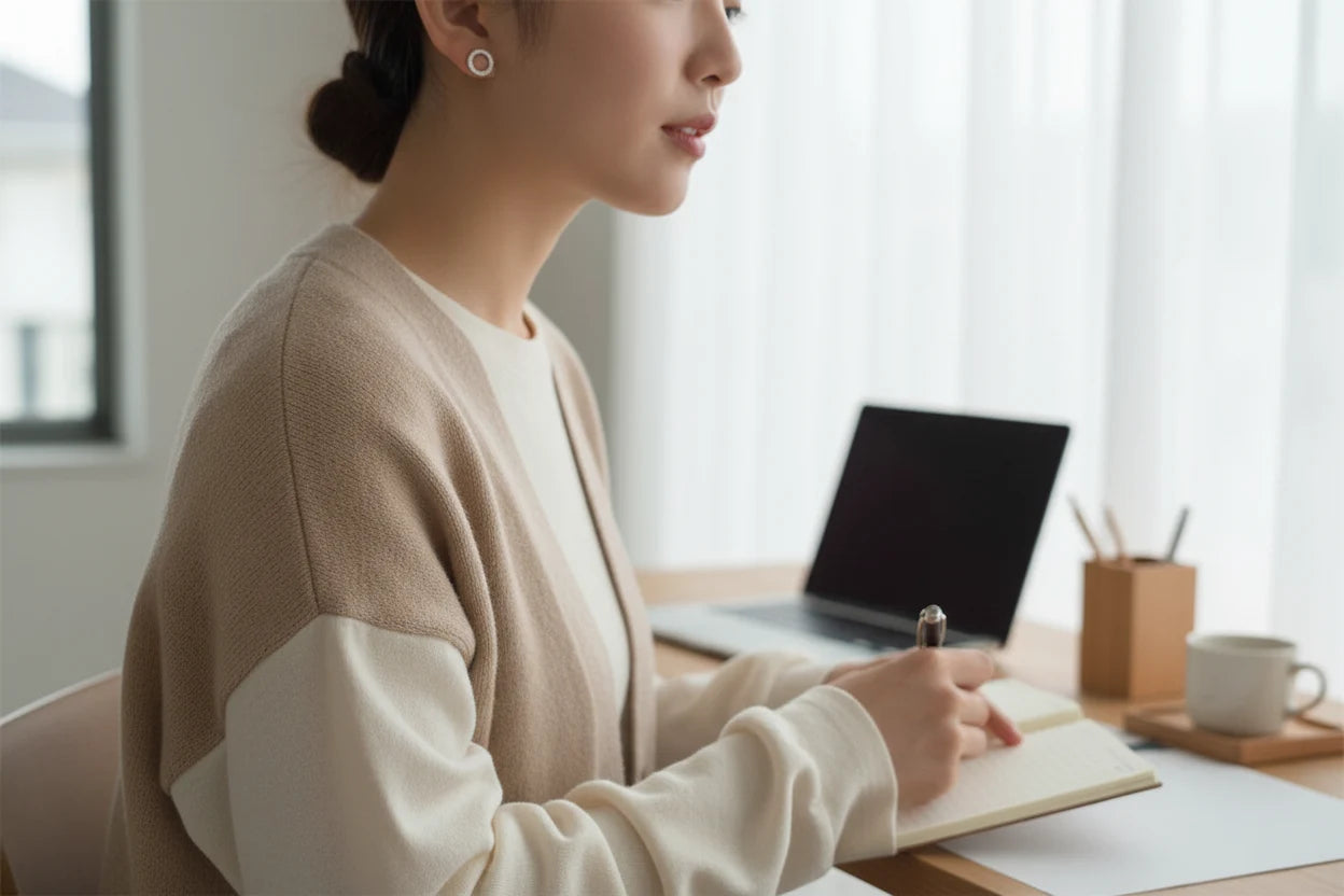 Silver Circle Stud Earrings worn on model writing at desk | OriaJewel