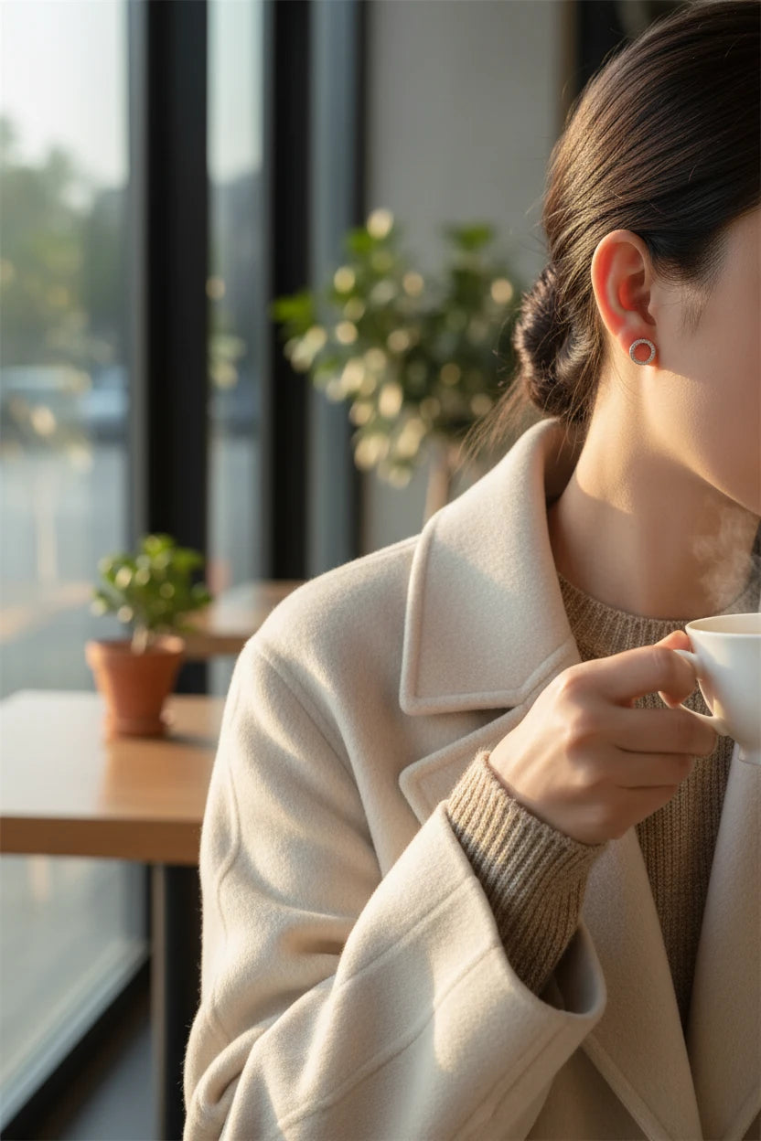Silver Circle Stud Earrings worn on model with coffee in café | OriaJewel