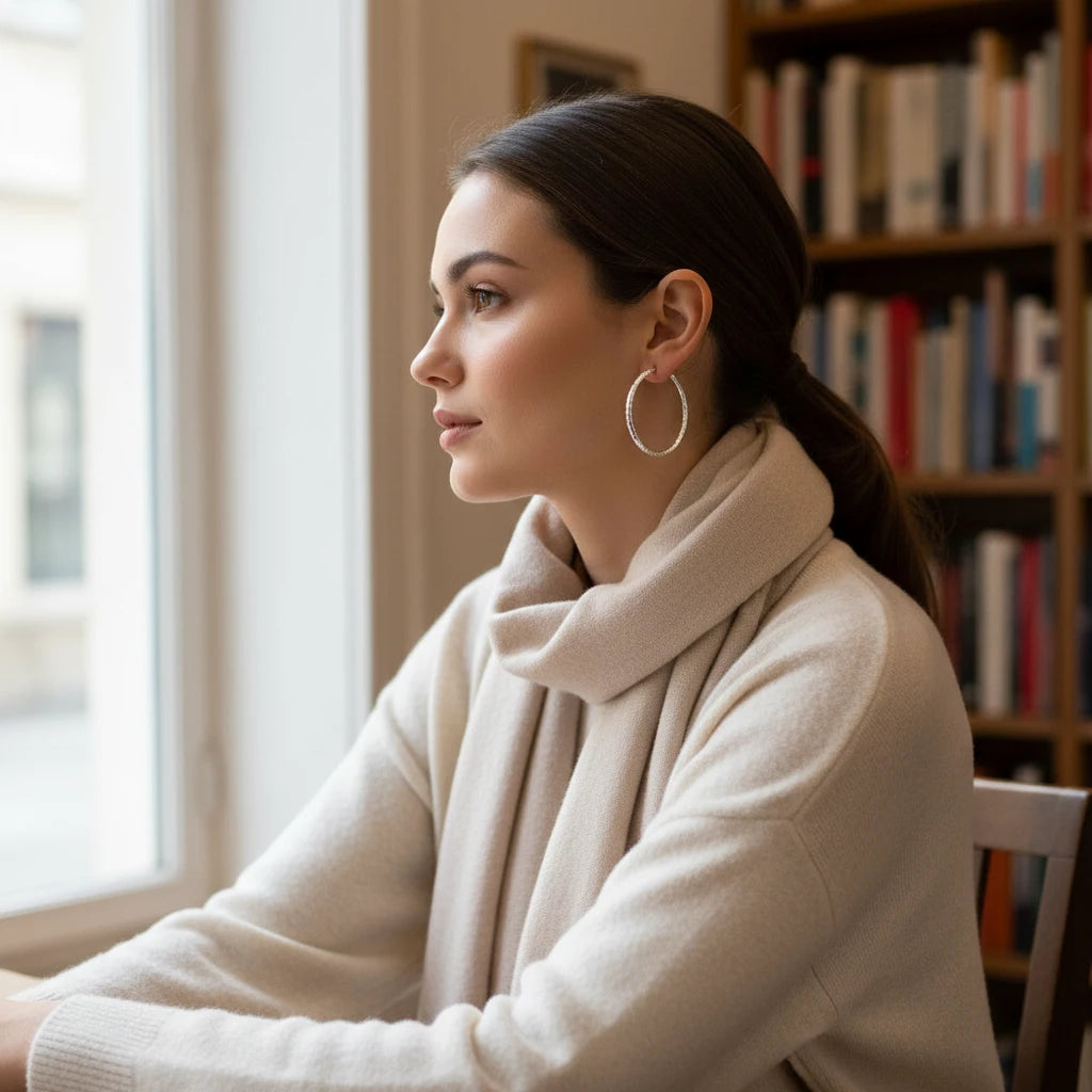 Silver Classic Hoop Earrings worn with beige scarf by window | OriaJewel
