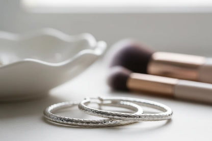 Silver Classic Hoop Earrings close-up with textured finish | OriaJewel