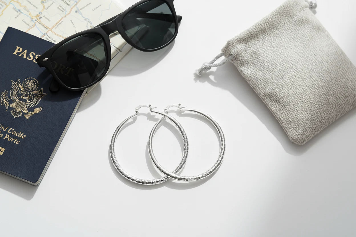 Silver Classic Hoop Earrings flat lay with sunglasses and passport | OriaJewel