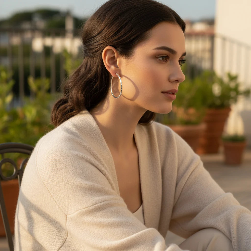 Silver Classic Hoop Earrings worn on sunny balcony | OriaJewel