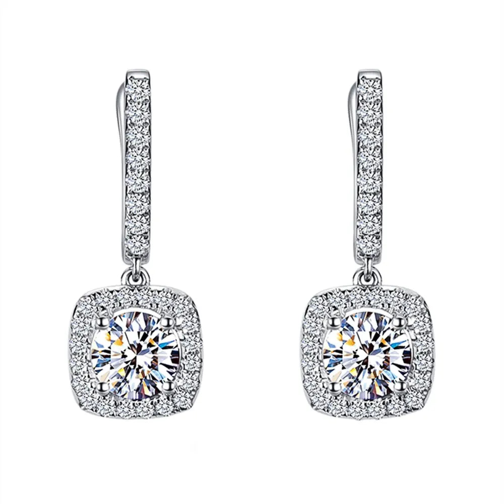 Silver Crystal Drop Huggie Earrings isolated front view on white background | OriaJewel