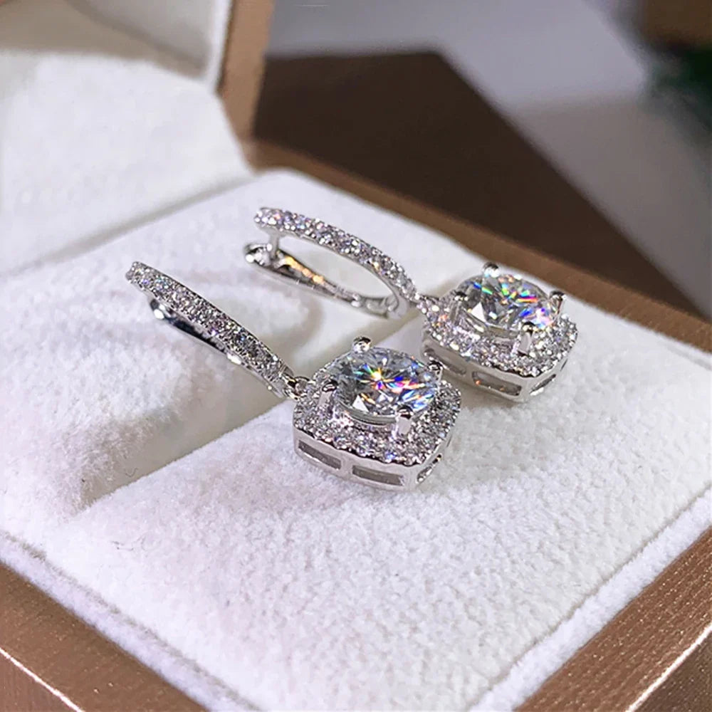 Silver Crystal Drop Huggie Earrings in gift box close-up with sparkle | OriaJewel