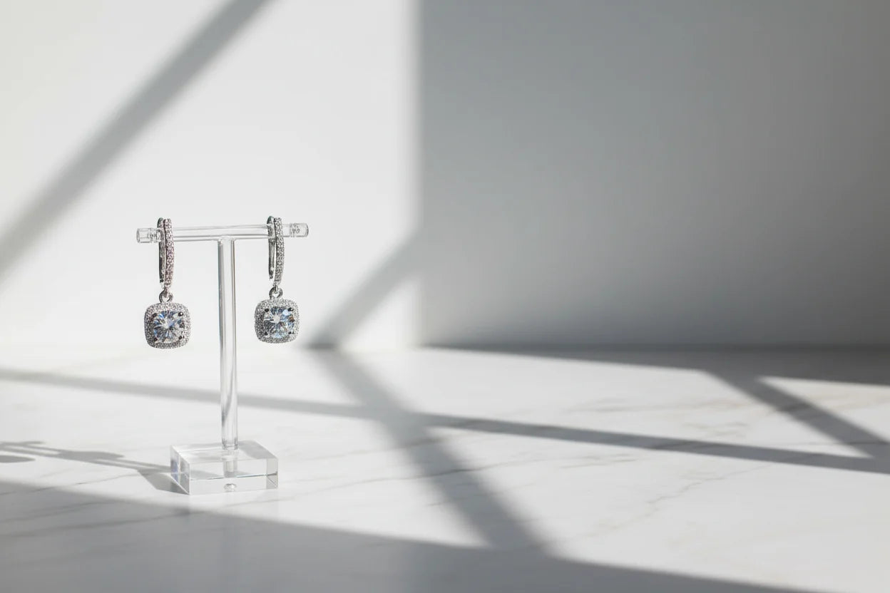 Silver Crystal Drop Huggie Earrings on clear stand in window light | OriaJewel