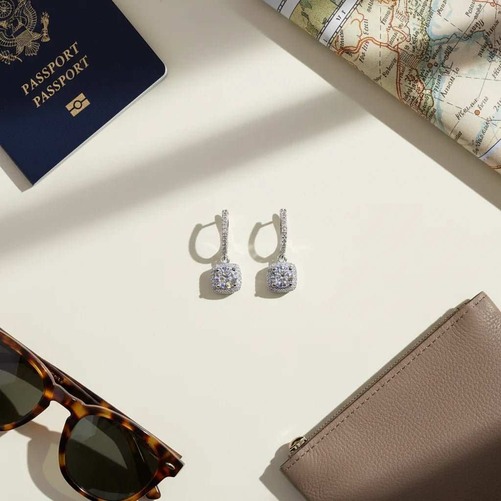 Silver Crystal Drop Huggie Earrings flat lay with passport, map, and sunglasses | OriaJewel