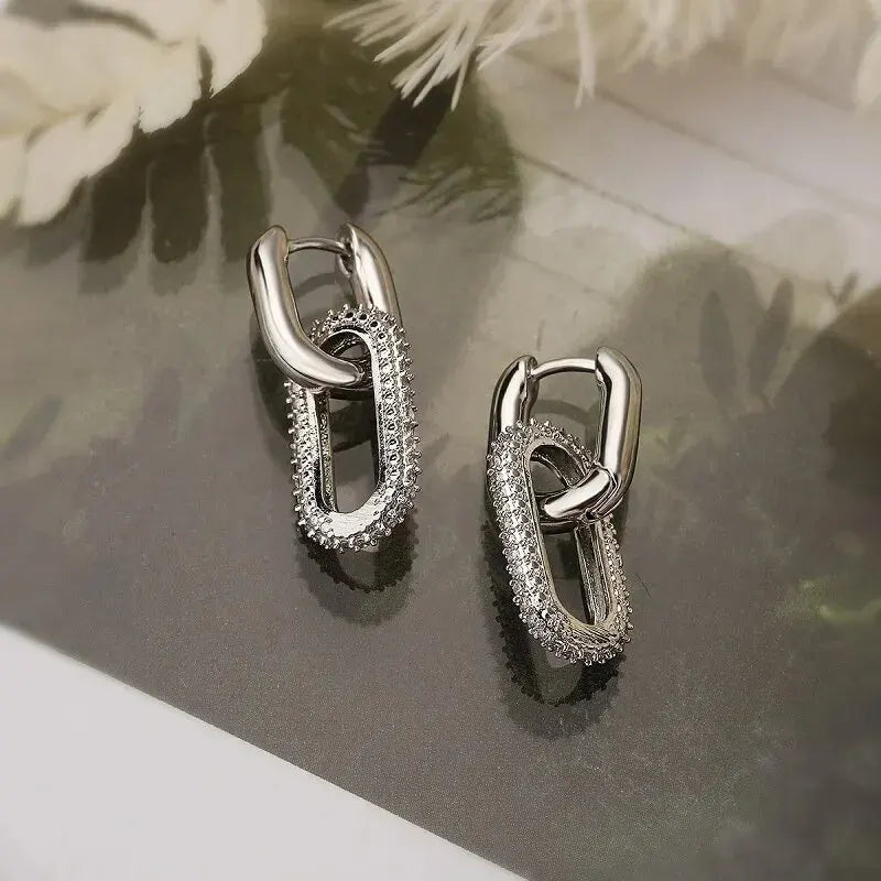 Silver Link Drop Earrings closeup showing chunky link and pavé paperclip drop | OriaJewel