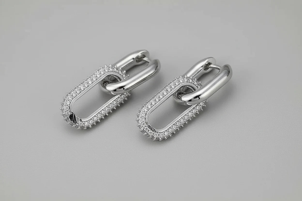 Silver Link Drop Earrings studio closeup on gray background, pavé oval link drops | OriaJewel
