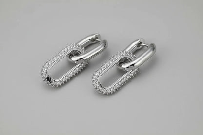 Silver Link Drop Earrings studio closeup on gray background, pavé oval link drops | OriaJewel