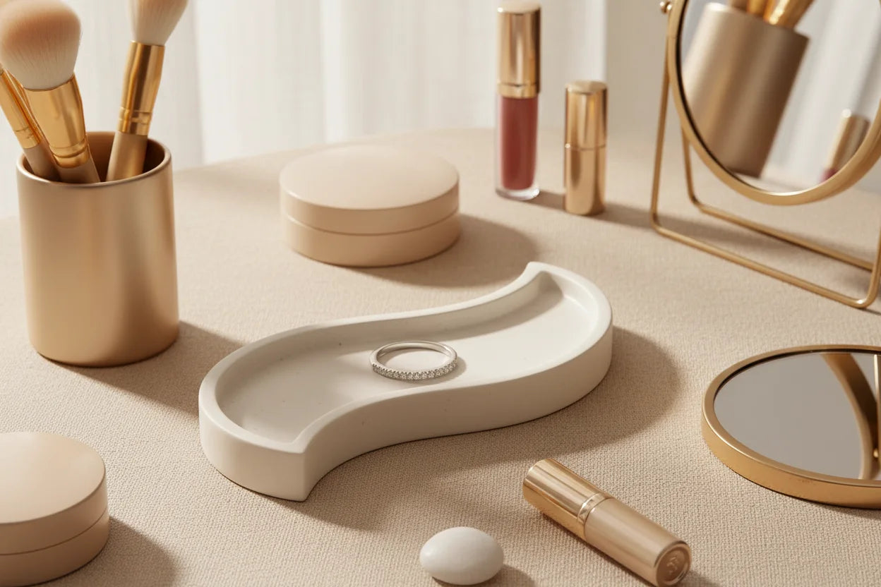 Silver Midi Ring Set placed on a white tray surrounded by beauty items and a mirror, warm neutral vanity flat-lay | OriaJewel