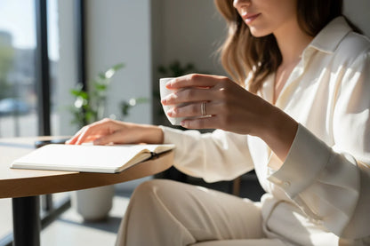 Silver Midi Ring Set worn while holding a warm drink by a window, soft lifestyle photo with clean, airy lighting | OriaJewel