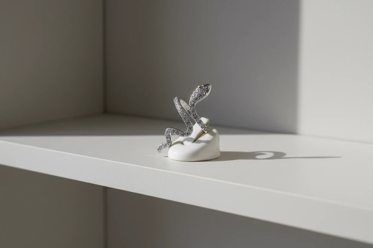 Silver Pavé Snake Wrap Ring displayed on a small white ring holder on a clean shelf, side-angle studio scene emphasizing the open wrap design and shimmering pavé finish | OriaJewel