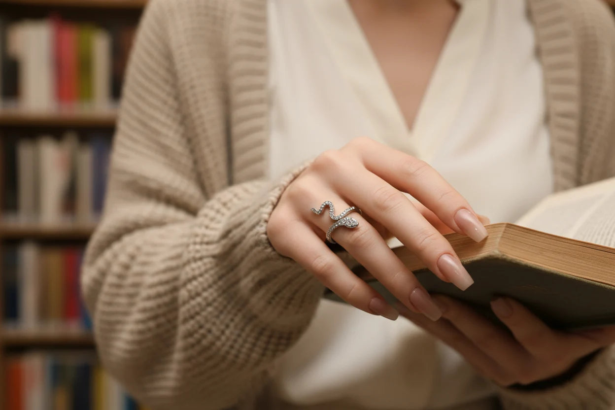 Silver Pavé Snake Wrap Ring worn while holding an open book in a cozy library setting, focus on the sparkling snake wrap ring and manicured hand with soft bokeh background | OriaJewel