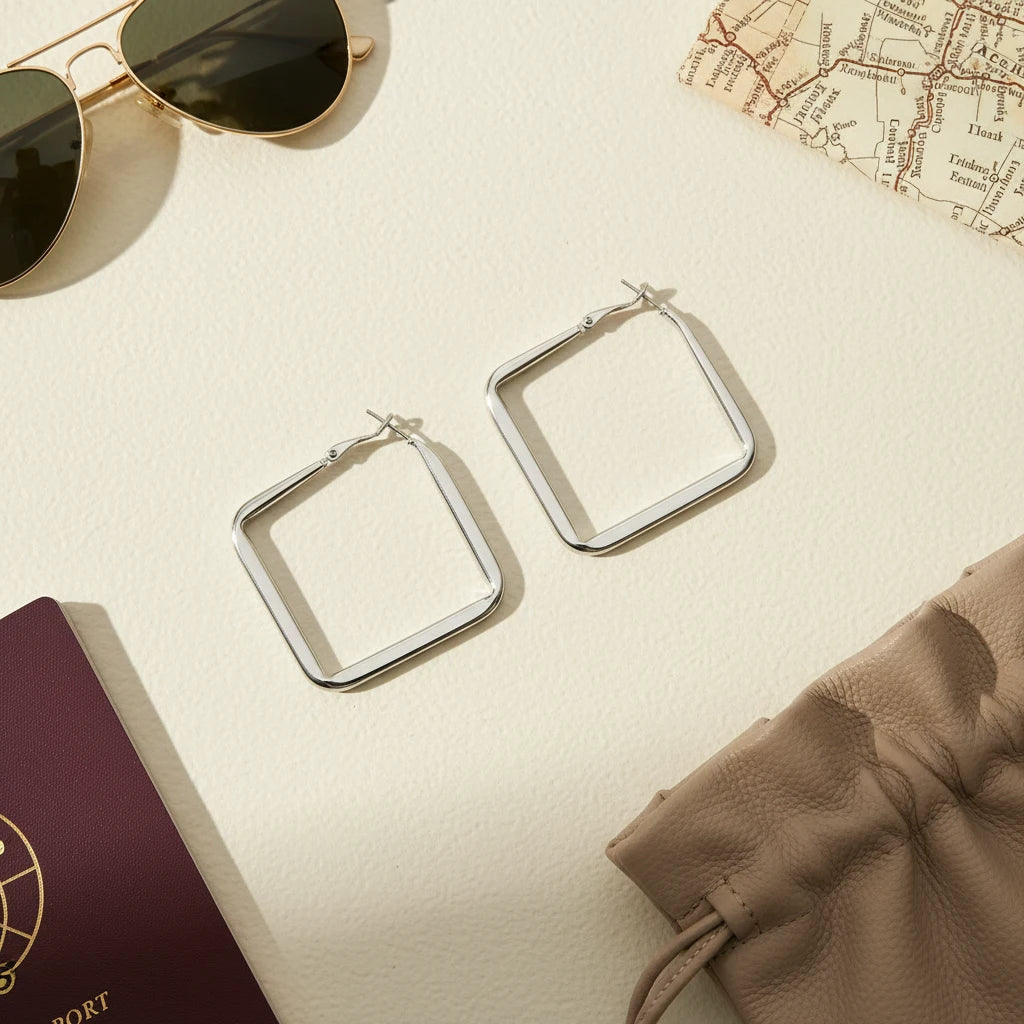 Silver Square Hoop Earrings flat lay with passport and sunglasses | OriaJewel