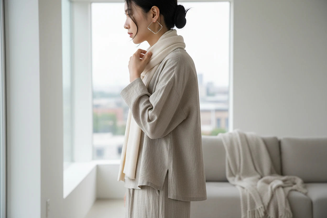 Silver Square Hoop Earrings worn on model in cozy neutral room | OriaJewel