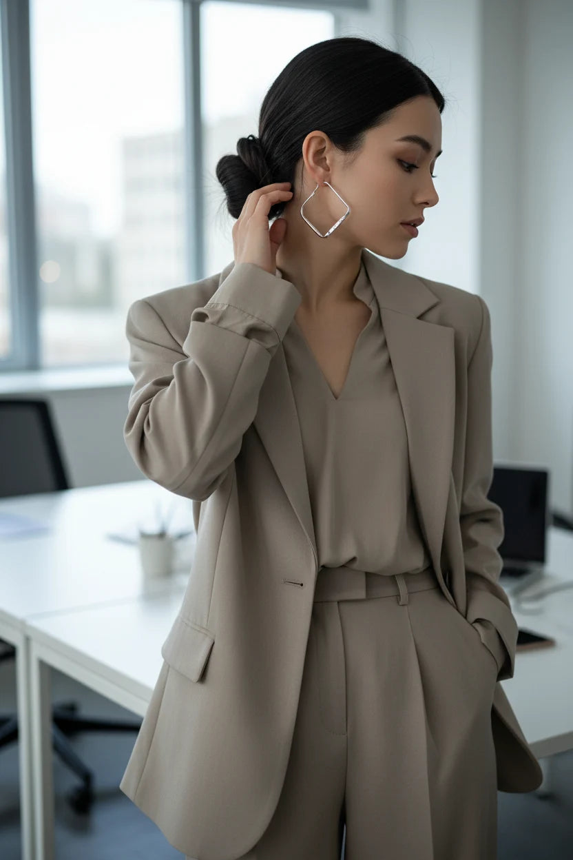 Silver Square Hoop Earrings worn on model in modern office | OriaJewel