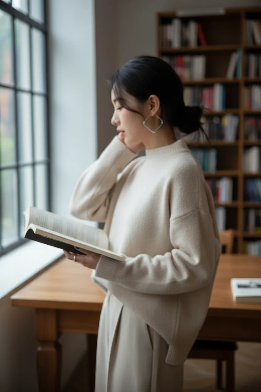 Silver Square Hoop Earrings worn on model reading by window | OriaJewel
