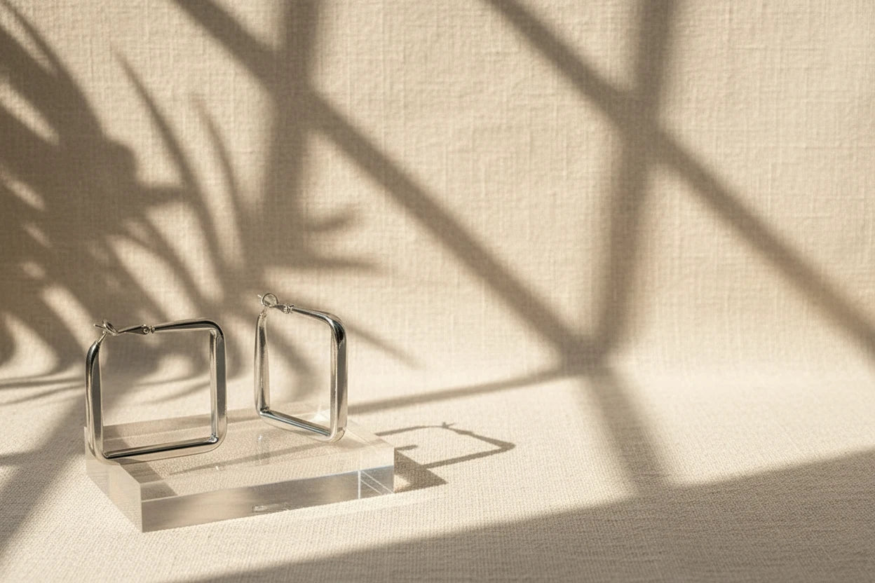 Silver Square Hoop Earrings on acrylic stand with shadow light | OriaJewel