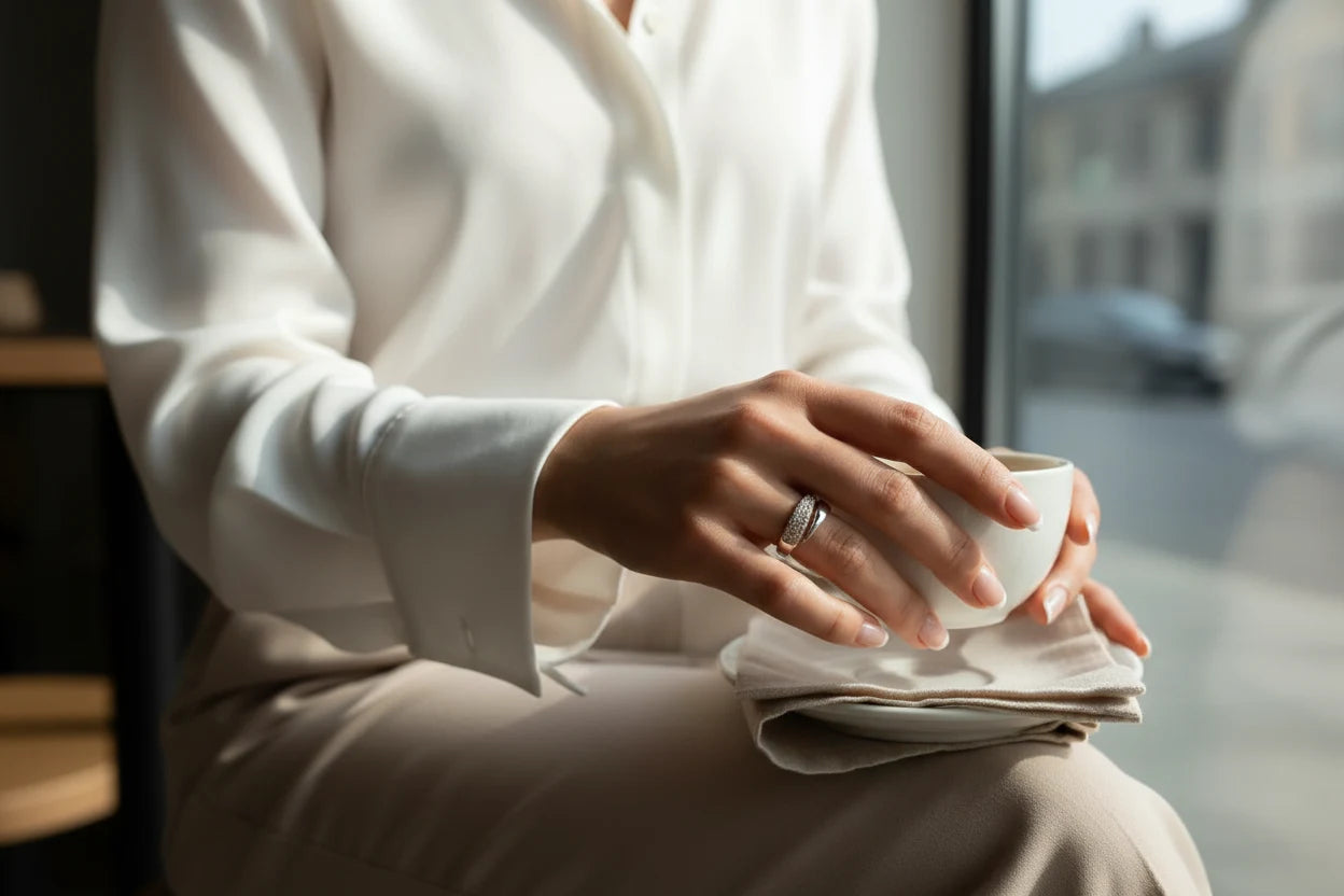 Hand holding a small white coffee cup, showcasing a Silver bypass ring with pavé sparkle and a sleek crossover band in soft daylight | OriaJewel