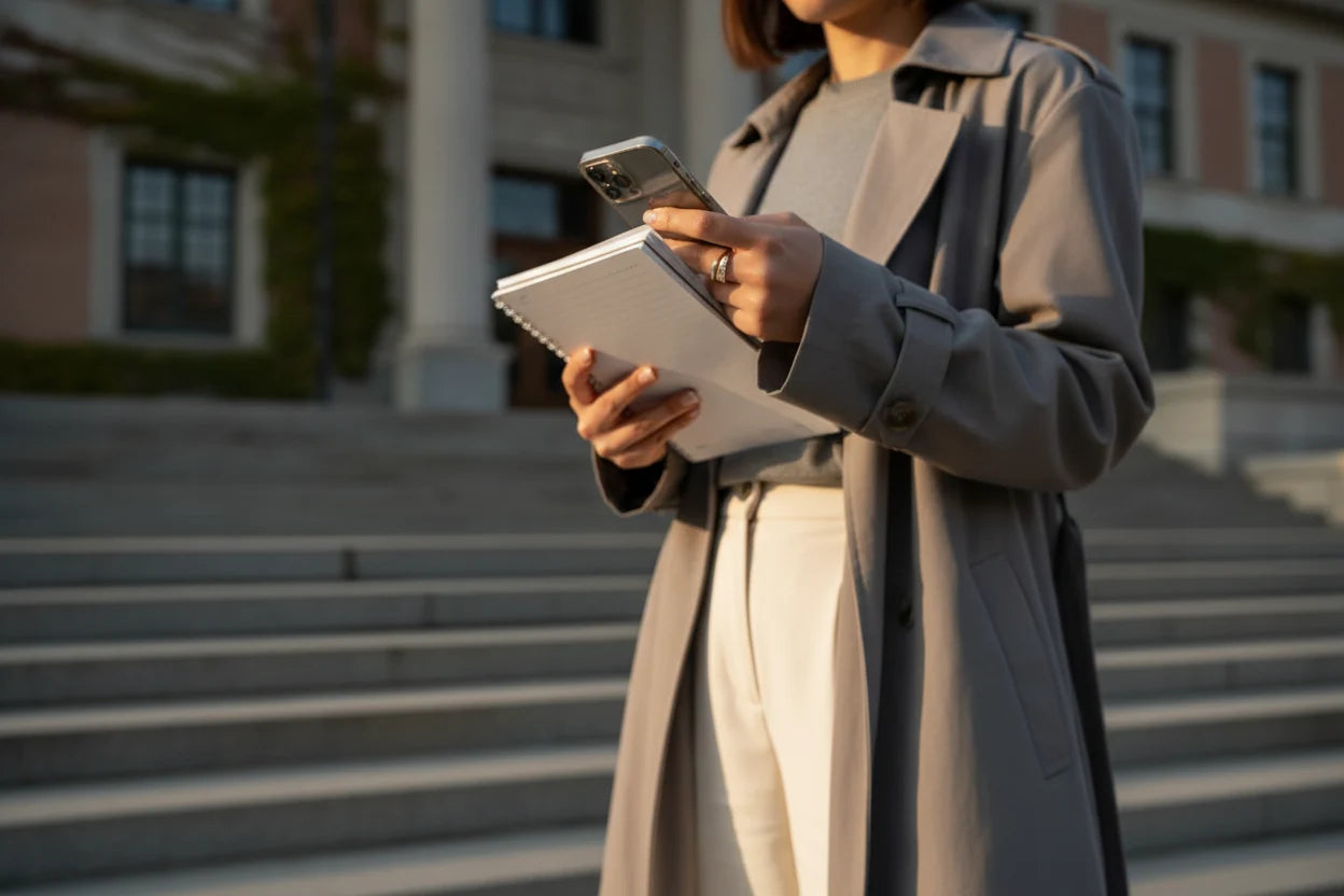 Outdoor lifestyle photo of a woman holding a phone and notebook on steps, Silver bypass ring catching golden-hour light on her hand | OriaJewel