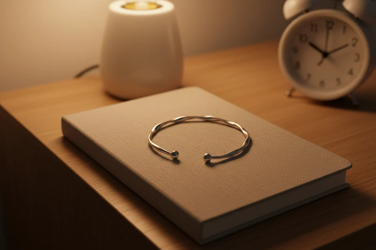 Silver twisted cuff bracelet resting on a textured beige book on a wooden nightstand, softly lit by a warm bedside lamp and alarm clock | Oria Jewel