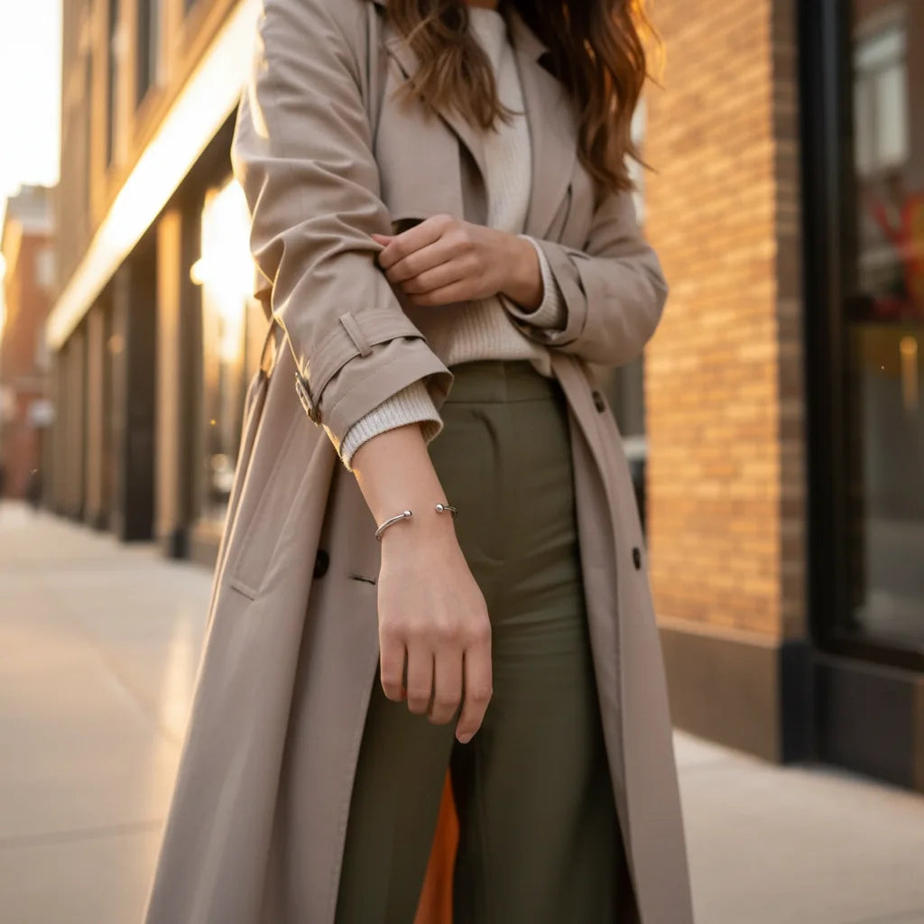 Close-up of a woman in a trench coat adjusting her sleeve while walking in the city at sunset, highlighting a sleek Silver twisted cuff bracelet on her wrist | Oria Jewel