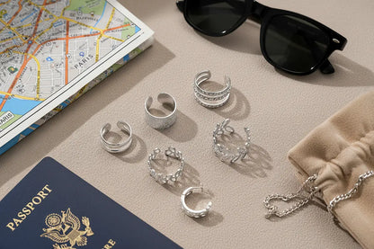 Silver 5-Piece Ear Cuff Set flat lay with passport, map, and sunglasses | OriaJewel