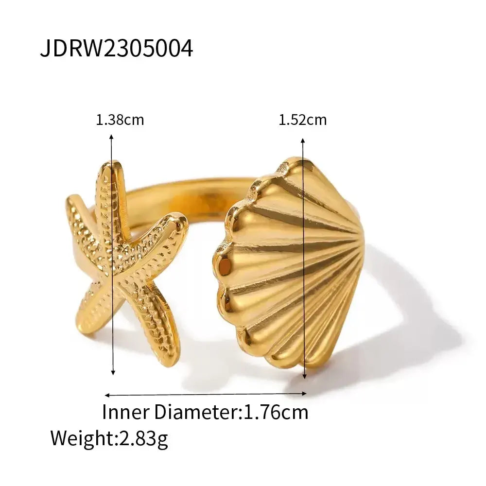 Starfish Gold Ring product size graphic showing starfish and shell measurements, inner diameter, and weight on a white background | OriaJewel