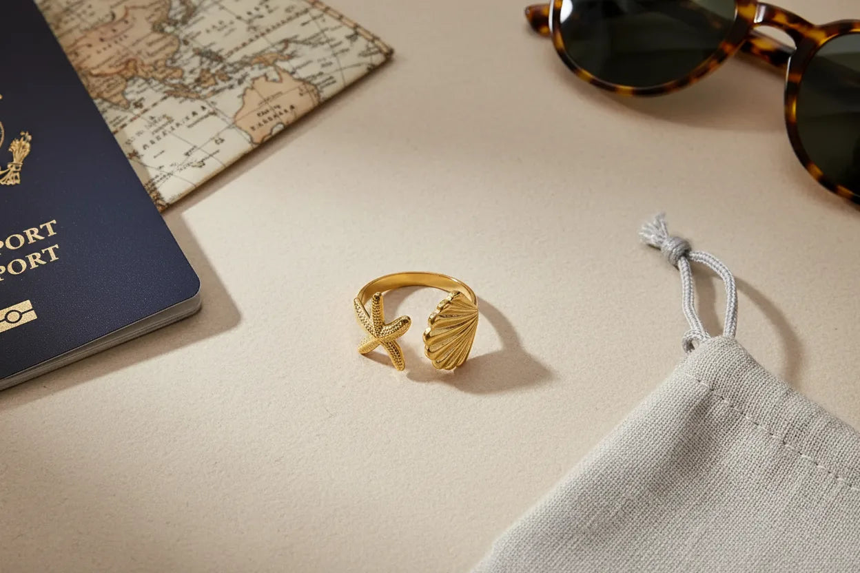 Starfish Gold Ring in a travel flat lay with passport, map, sunglasses, and pouch, sunlit scene with the ring centered as the hero | OriaJewel