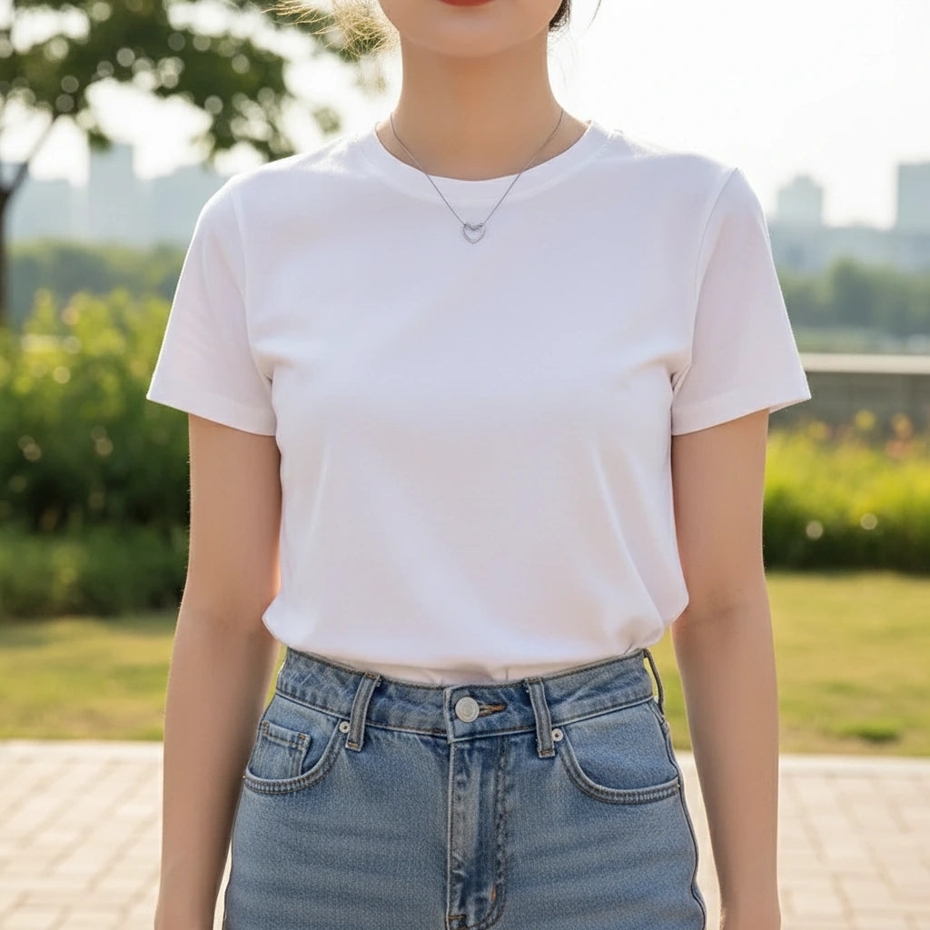 Casual look featuring Sterling Silver Heart Chain Necklace with white T-shirt and jeans — simple and modern style | Oria Jewel