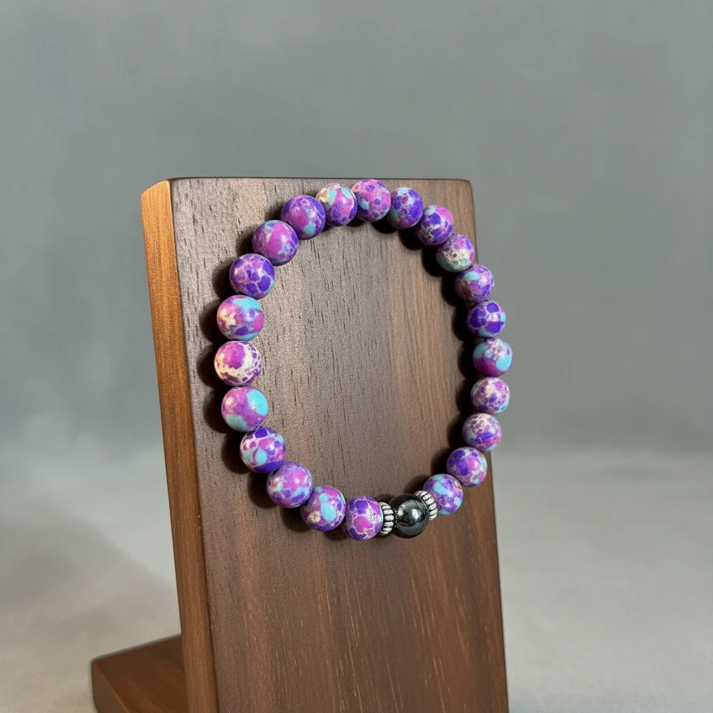 Vibrant purple Stress Relief Gemstone Bracelet displayed on a wooden stand against a soft gray background | Oria Jewel