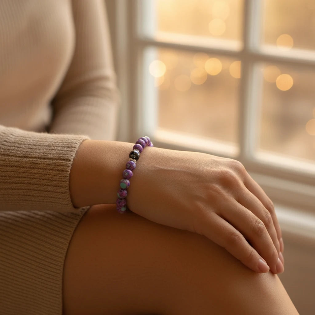 Woman in a cozy beige sweater wearing the Stress Relief Gemstone Bracelet while relaxing by a softly lit window | Oria Jewel