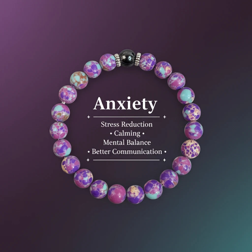 Stress Relief Gemstone Bracelet arranged in a circle on a gradient background with “Anxiety” calming benefits text | Oria Jewel