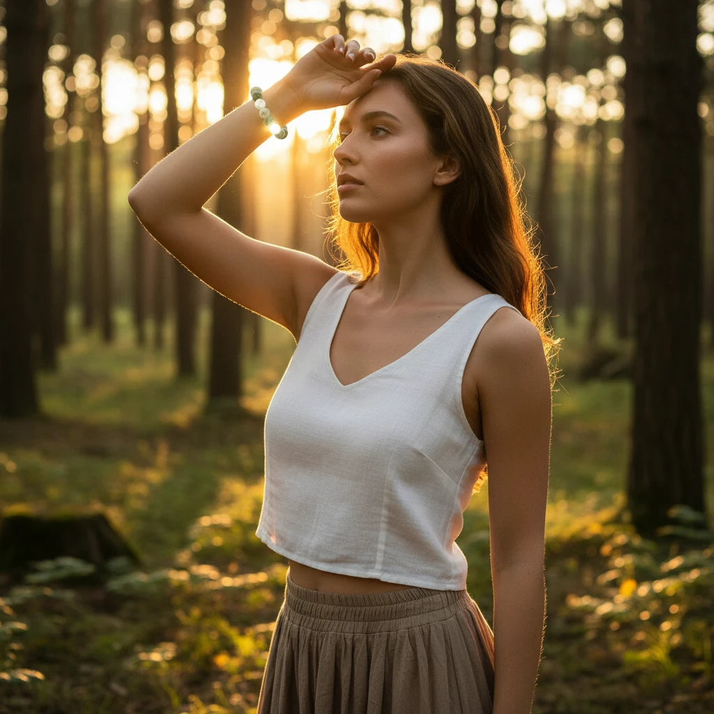 Woman standing in a sunlit forest at golden hour wearing a green and white Success Energy Stone Bracelet, raising her arm to her forehead as the healing crystal beads catch the warm light | Oria Jewel