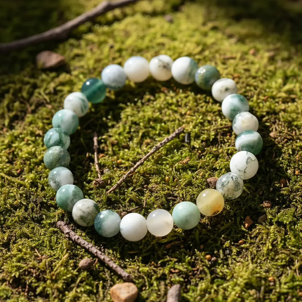 Nature shot of the Success Energy Stone Bracelet lying on lush green moss with small twigs, emphasizing its earthy tones and grounding, success-attracting crystal energy | Oria Jewel