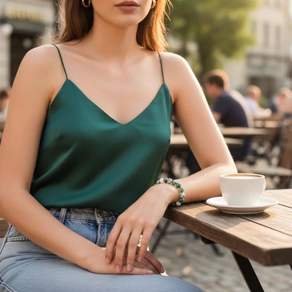 Close-up of a woman sitting at an outdoor café in a green satin camisole and jeans, hands resting near a coffee cup while the Success Energy Stone Bracelet adds a polished, everyday prosperity touch to her outfit | Oria Jewel