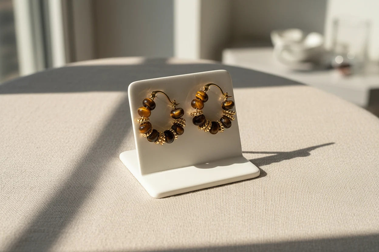 Tiger Eye Beaded Hoop Earrings on display stand in soft window light | OriaJewel